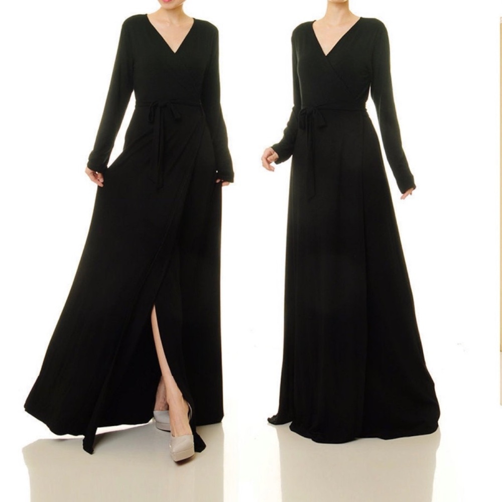 Black Wrap Dress Long Sleeve Gown Slit Tie V-Neck Small Jersey knit